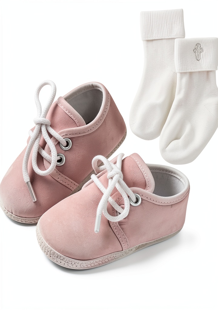 White baby socks with cross embroidery on a newborn's feet