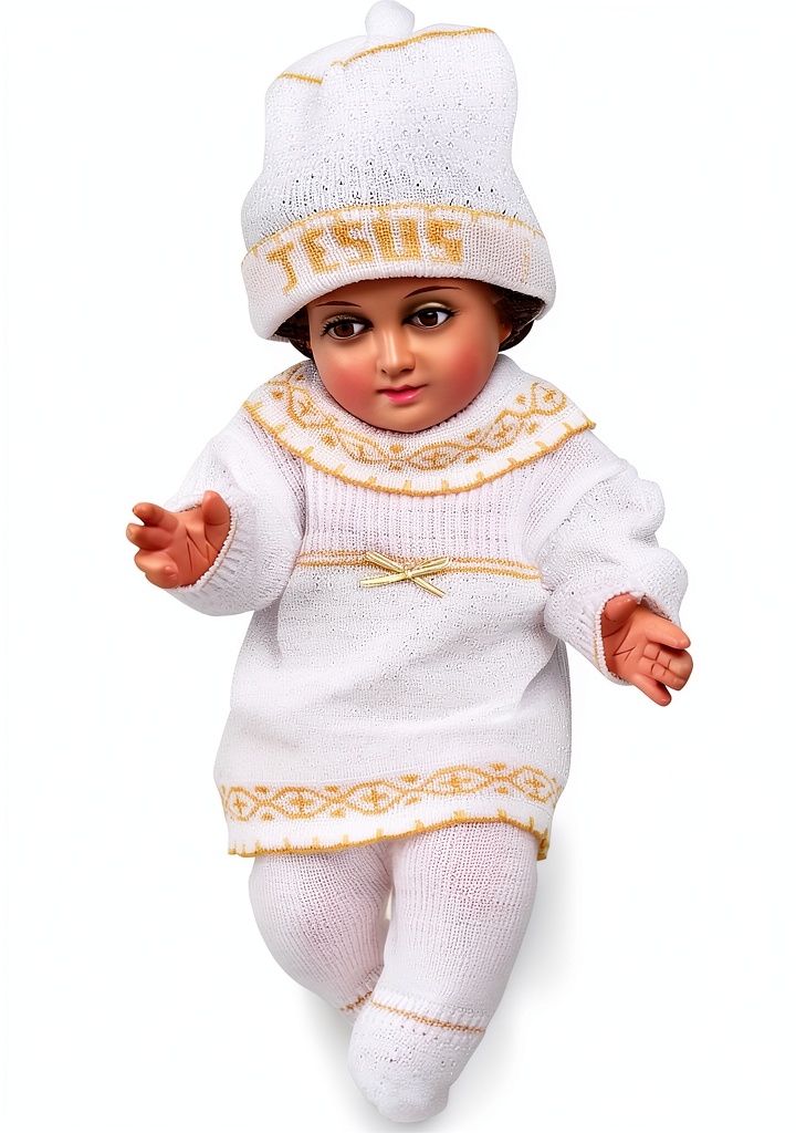 Installing handmade baby Jesus outfit on a wooden altar