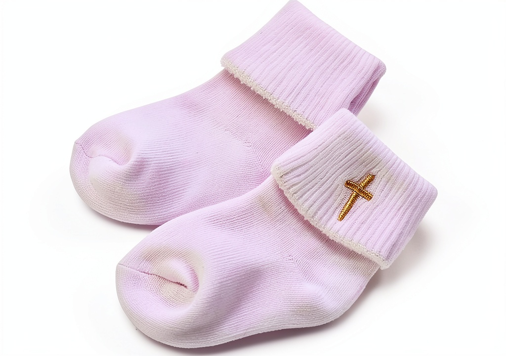 Baby wearing white baptism socks during a christening ceremony