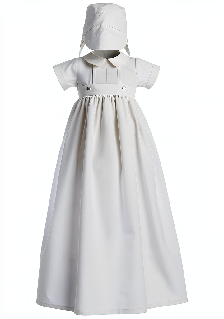 Baby boy wearing white baptism outfit during a church ceremony