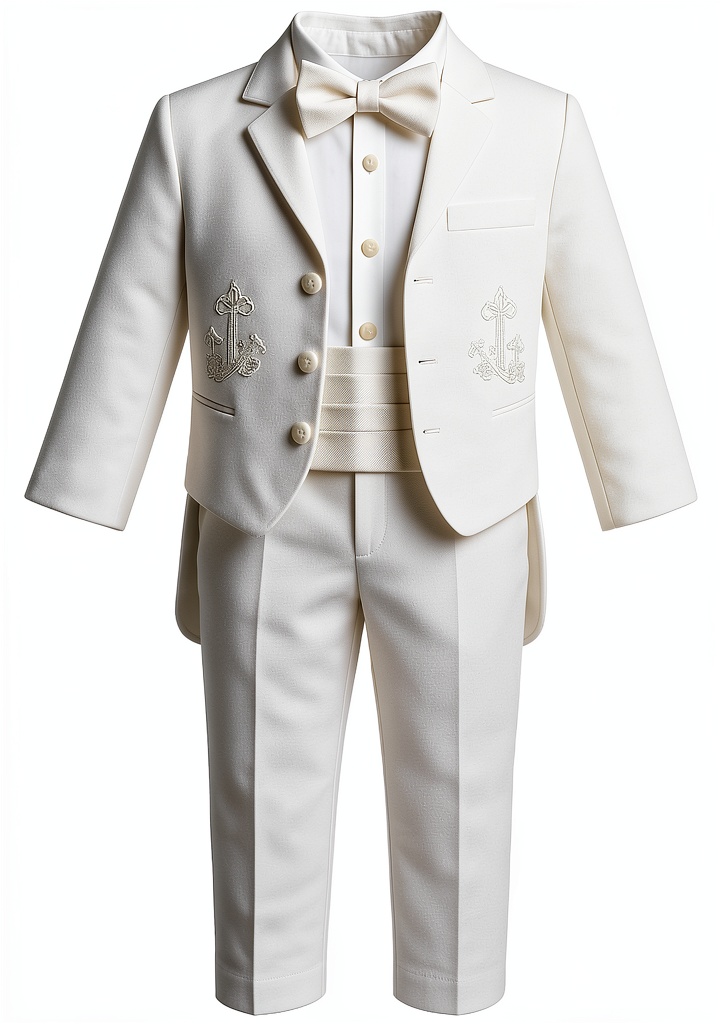 Baby boy wearing silver cross embroidered baptism tuxedo