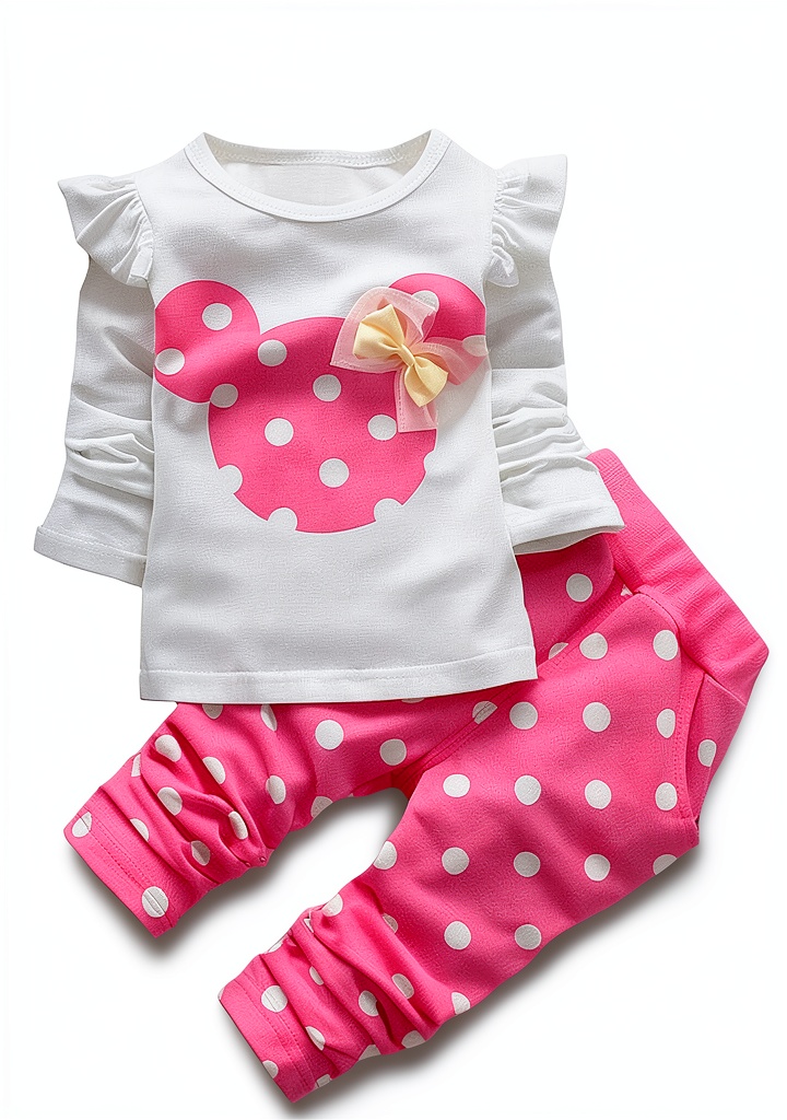 Baby girl wearing cotton blend clothing set with bowknot details on a playroom floor